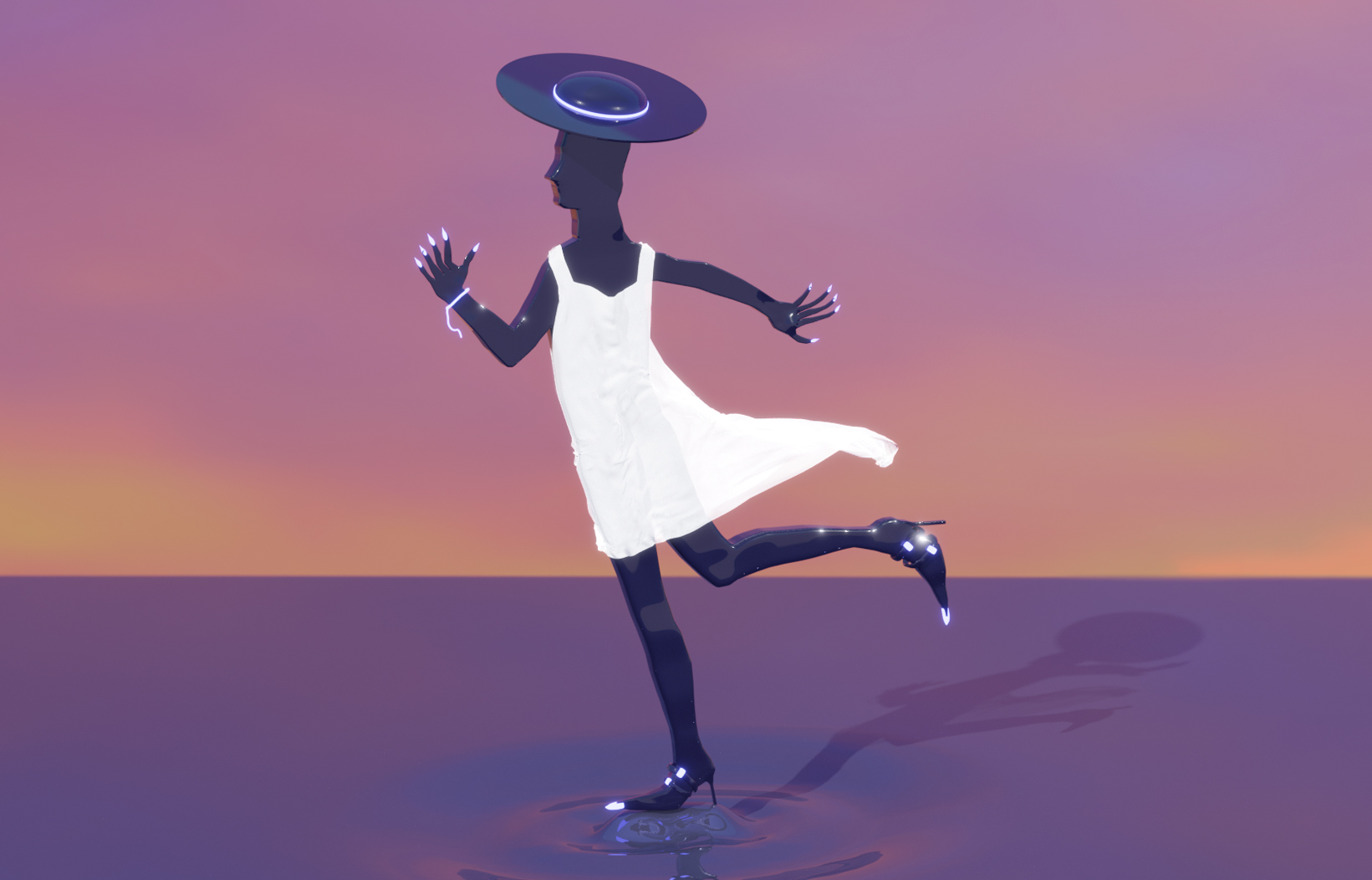 Dark figure in a white flowing dress running against a sunset background.